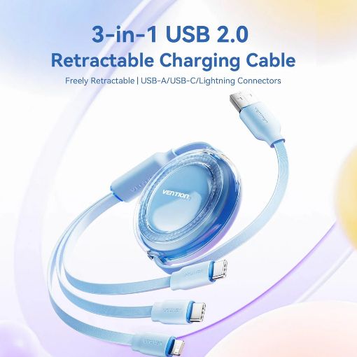 Εικόνα της Καλώδιο Vention 3-in-1 USB to 2x USB-C / Lightning 3.5A 17.5W Retractable 1.1m Blue TRJSBE