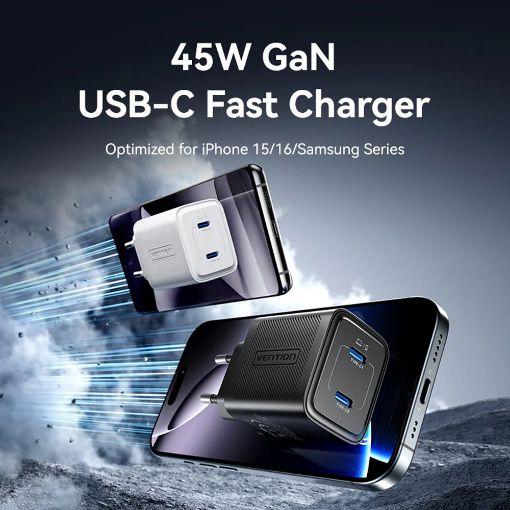 Εικόνα της Φορτιστής Vention GaN 2x USB-C 45W White TZ-FCFW0-EU