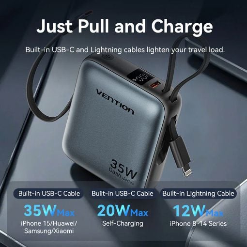 Εικόνα της Power Bank Vention Dash 10000mAh Led Display Built-Ιn USB-C & Lightning 35W Gray FHFN0