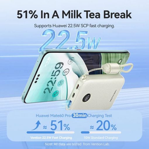 Εικόνα της Power Bank Vention 10000mAh USB-C/USB-A Led Display Built-Ιn Cable 22.5W Blue FKAL0-C