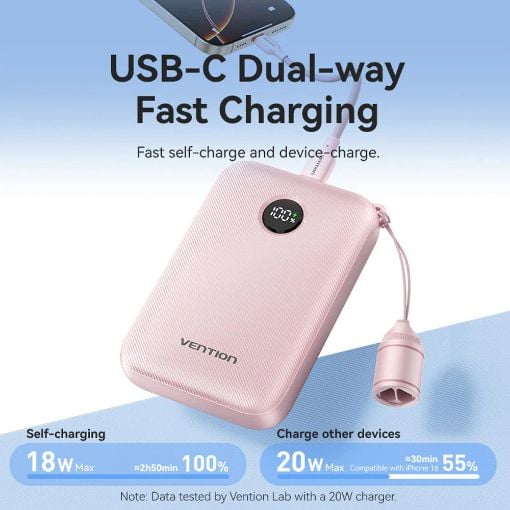 Εικόνα της Power Bank Vention 10000mAh USB-C/USB-A Led Display Built-Ιn Cable 22.5W Blue FKAL0-C