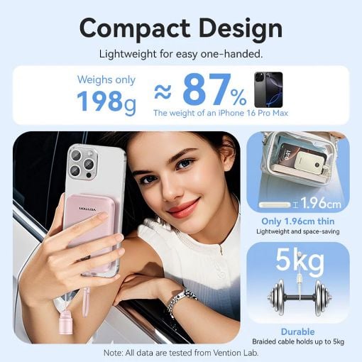 Εικόνα της Power Bank Vention 10000mAh USB-C/USB-A Led Display Built-Ιn Cable 22.5W Blue FKAL0-C
