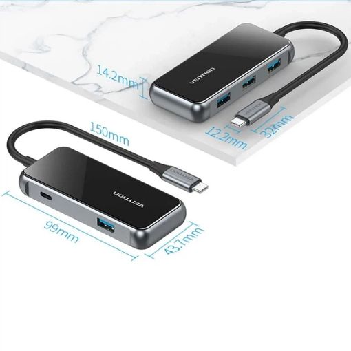Εικόνα της USB Hub Vention 5-in-1 4x USB-A & USB-C PD 87W 0.15m Gray Mirrored Surface TFDHB