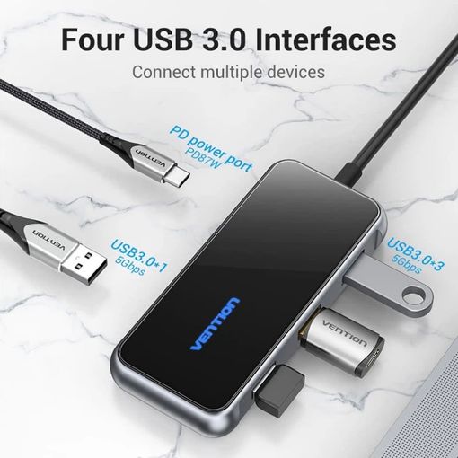 Εικόνα της USB Hub Vention 5-in-1 4x USB-A & USB-C PD 87W 0.15m Gray Mirrored Surface TFDHB