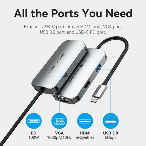 Εικόνα της Docking Station Vention 4-in-1 USB-C PD 4K 60Hz 100W 0.15m Gray TQAHB