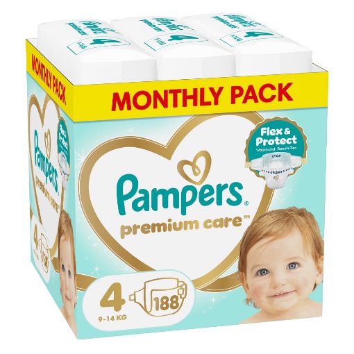 Εικόνα της Πάνες με Αυτοκόλλητο Pampers Premium Care No.4 (9-14kg) Monthly Pack 188τμχ
