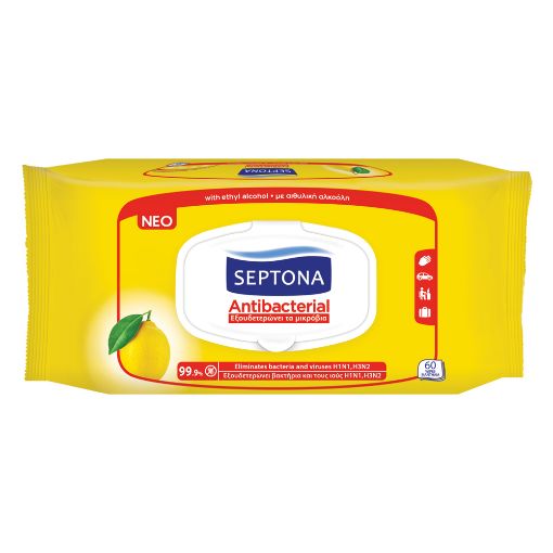 Εικόνα της Αντισηπτικά Υγρά Μαντηλάκια Septona Antibacterial με Άρωμα Λεμόνι 60τμχ