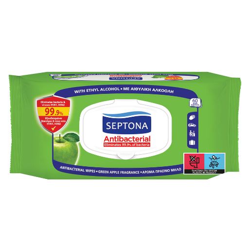 Εικόνα της Αντισηπτικά Υγρά Μαντηλάκια Septona Antibacterial με Άρωμα Πράσινο Μήλο 60τμχ