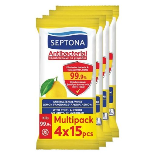 Εικόνα της Αντισηπτικά Υγρά Μαντηλάκια Septona Antibacterial με Άρωμα Λεμόνι 4x15τμχ