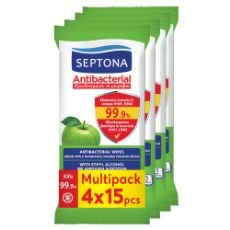 Εικόνα της Αντισηπτικά Υγρά Μαντηλάκια Septona Antibacterial με Άρωμα Πράσινο Μήλο 4x15τμχ