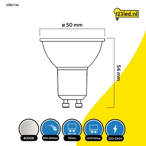 Εικόνα της Λάμπα LED 123LED GU10 Spot Dimmable 4000K 345lm 3.6W Neutral White