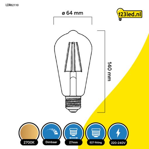Εικόνα της Λάμπα LED 123LED E27 Edison ST64 Dimmable Filament 2700K 470lm 4.5W Warm White
