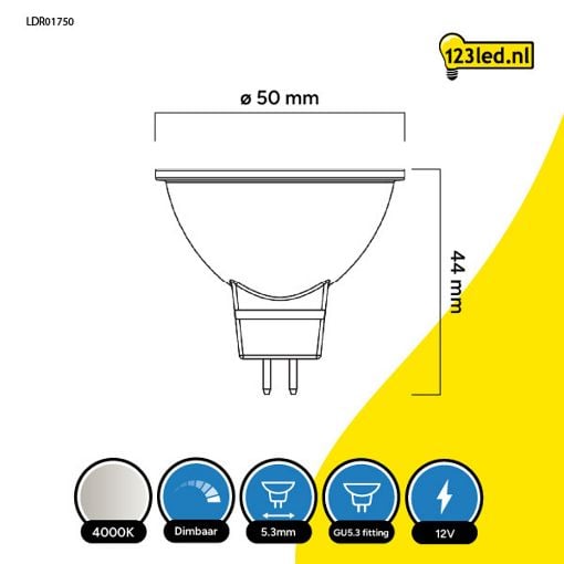 Εικόνα της Λάμπα LED 123LED GU5.3 MR16 Dimmable 4000K 345lm 4.4W Neutral White
