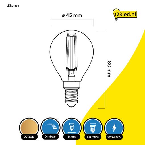 Εικόνα της Λάμπα LED 123LED E14 G45 Dimmable Filament 2700K 470lm 4.5W Warm White