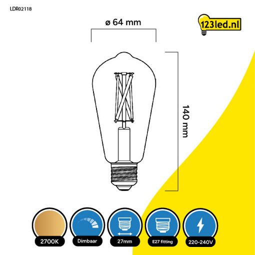 Εικόνα της Λάμπα LED 123LED E27 Edison ST64 Dimmable Filament 2200-2700K 806lm 7W