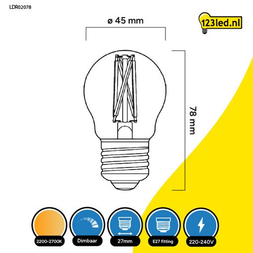 Εικόνα της Λάμπα LED 123LED E27 G45 Dimmable Filament 2200-2700K 470lm 4.5W