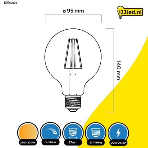 Εικόνα της Λάμπα LED 123LED E27 G95 Dimmable Filament 2700K 806lm 7W Warm White