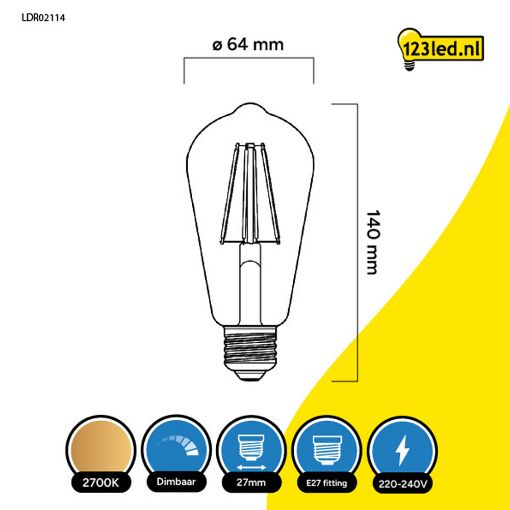 Εικόνα της Λάμπα LED 123LED E27 Edison ST64 Dimmable Filament 2700K 806lm 7W Warm White