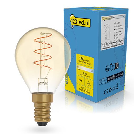 Εικόνα της Λάμπα LED 123LED E14 G45 Dimmable Filament 1800K 136lm 2.5W Gold Extra Warm White