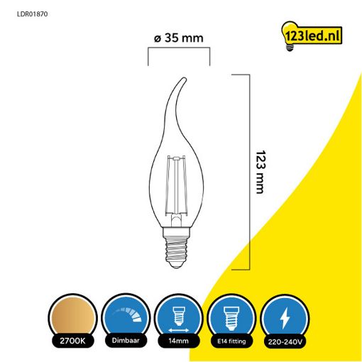 Εικόνα της Λάμπα LED 123LED E14 C35 Dimmable Filament 2700K 250lm 2.8W Warm White