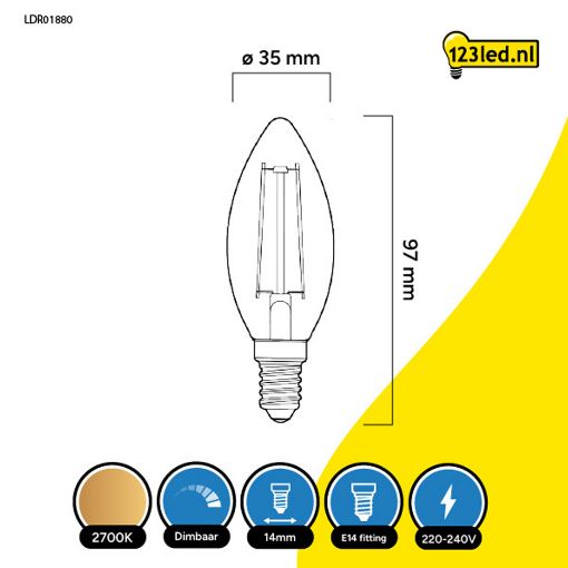 Εικόνα της Λάμπα LED 123LED E14 C35 Dimmable Filament 2700K 250lm 2.5W Warm White