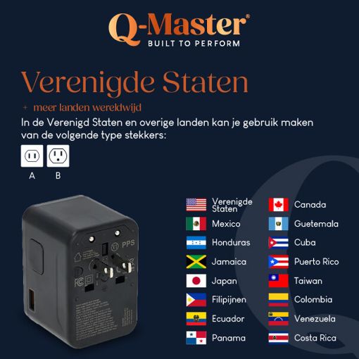 Εικόνα της Αντάπτορας Πρίζας Ταξιδιού Q-Master Universal 1x USB-A & 3x USB-C GaN 67W PWR001BLK67W