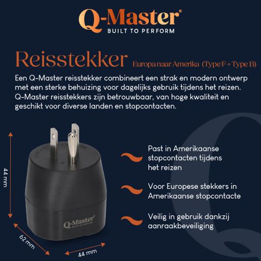 Εικόνα της Αντάπτορας Πρίζας Ταξιδιού Q-Master Type-F to Type-B (EU to USA) PWR003BLKEUS