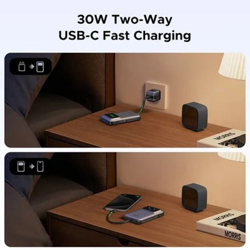 Εικόνα της Power Bank Ugreen PB511 2 x USB-C & USB-A with Built-In Cable 10000mAh 30W Grey 35603B