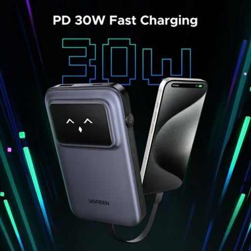 Εικόνα της Power Bank Ugreen PB511 2 x USB-C & USB-A with Built-In Cable 10000mAh 30W Grey 35603B