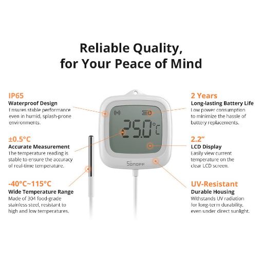 Εικόνα της Smart Thermometer Sonoff LCD Zigbee IP65 με Καλώδιο 1.5m White SNZB-02LD