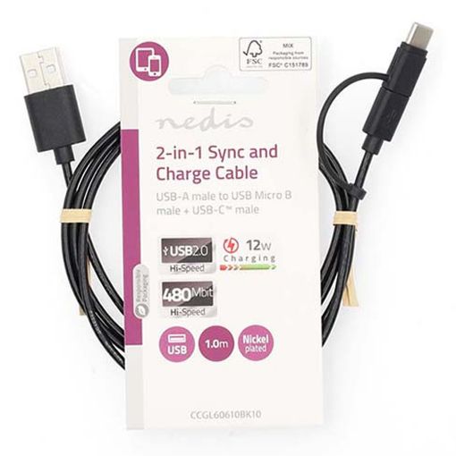 Εικόνα της Καλώδιο Nedis USB-A Male to USB-C Male/MicroUSB 1m Black CCGL60610BK10