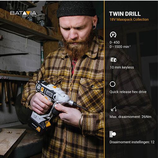 Εικόνα της Δραπανοκατσάβιδο Μπαταρίας Batavia Maxxpack Twindrill 18V με Μπαταρία 2Ah και Φορτιστή 2.4Ah White/Black 7064057