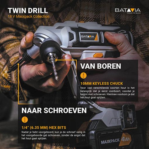 Εικόνα της Δραπανοκατσάβιδο Μπαταρίας Batavia Maxxpack Twindrill 18V με Μπαταρία 2Ah και Φορτιστή 2.4Ah White/Black 7064057