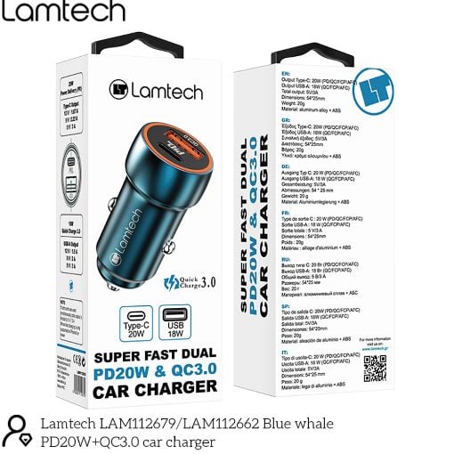 Εικόνα της Φορτιστής Αυτοκινήτου Lamtech USB-C PD 20W & USB-A QC 3.0 18W Sapphire Blue LAM112679
