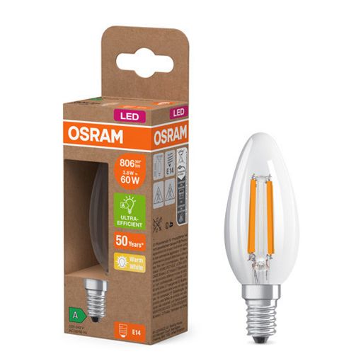 Εικόνα της Λάμπα LED Osram E14 Candle B35 Filament Ultra Efficient 2700K 806lm 3.8W Warm White