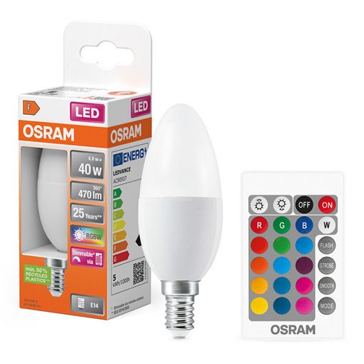Εικόνα της Λάμπα LED Osram E14 Candle B40 με Τηλεχειριστήριο Dimmable RGB + 2700K 470lm 4.9W