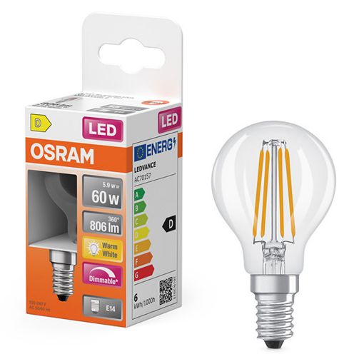 Εικόνα της Λάμπα LED Osram E14 P45 Dimmable Filament 2700K 806lm 5.9W Warm White