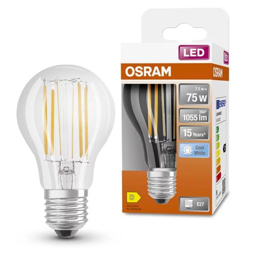 Εικόνα της Λάμπα LED Osram E27 A60 Filament 4000K 1055lm 7.5W Neutral White