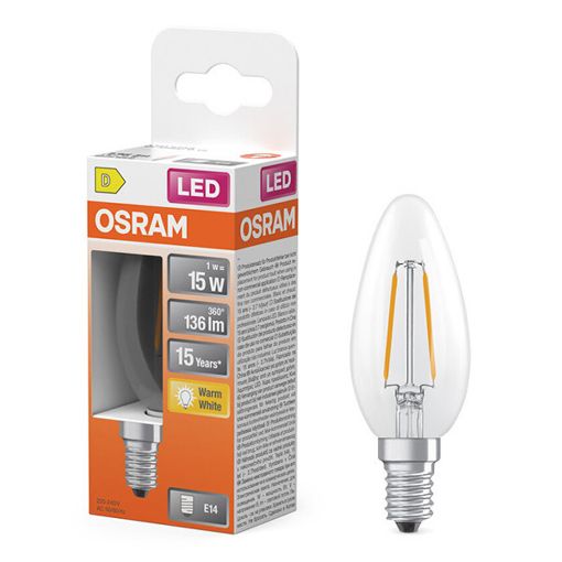 Εικόνα της Λάμπα LED Osram E14 Candle B35 Filament 2700K 136lm 1W Warm White