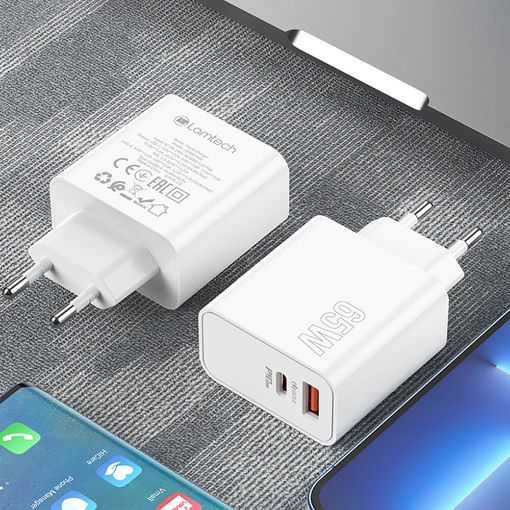 Εικόνα της Φορτιστής Lamtech GaN USB-C & USB-A PD/QC3.0 65W White LAM023558