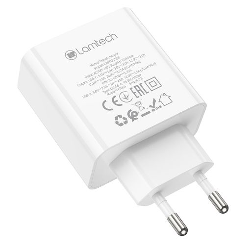 Εικόνα της Φορτιστής Lamtech GaN USB-C & USB-A PD/QC3.0 65W White LAM023558