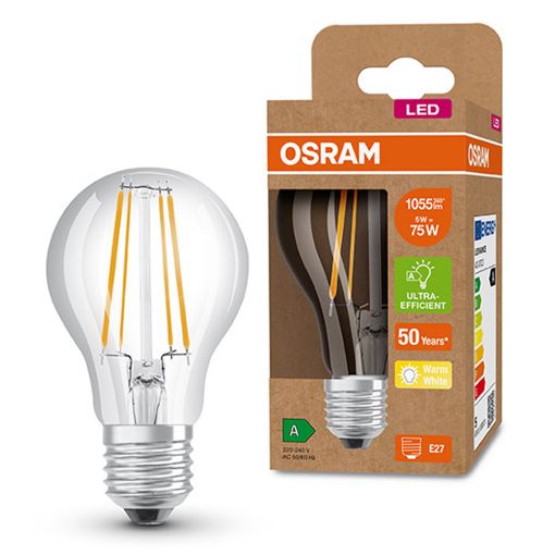 Εικόνα της Λάμπα LED Osram E27 A60 Ultra Efficient Filament 3000K 1055lm 5W Warm White