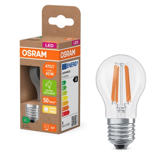 Εικόνα της Λάμπα LED Osram E27 P45 Ultra Efficient Filament 2700K 470lm 2.2W Warm White